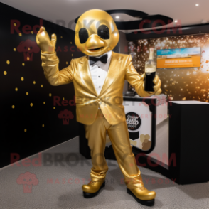 Gold Champagne mascot costume character dressed with a Suit and Gloves