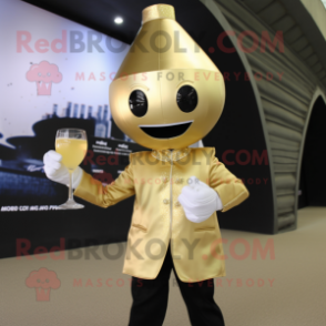 Gold Champagne mascot costume character dressed with a Suit and Gloves