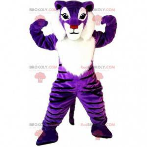 Maskot fialový a bílý tygr, barevný plavá kostým -