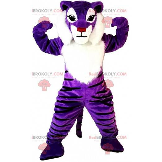 Mascote tigre roxo e branco, fantasia colorida de fulvo -
