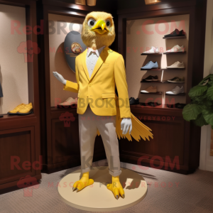 Gold Quail mascot costume character dressed with a Blazer and Shoe clips