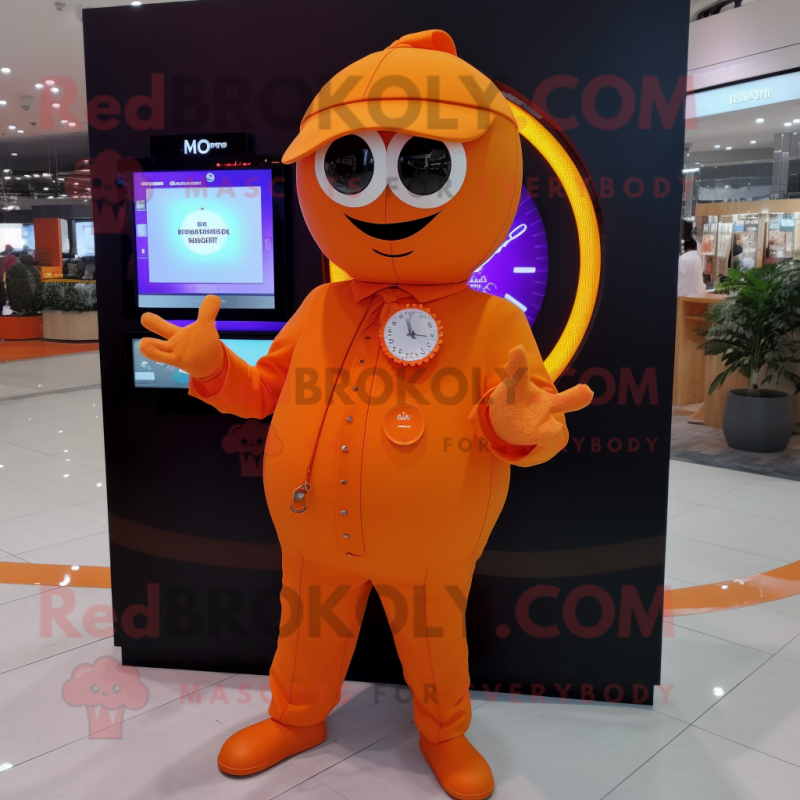 Orange Plum mascot costume character dressed with a Coat and Digital watches