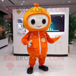 Orange Plum mascot costume character dressed with a Coat and Digital watches