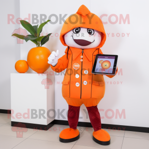 Orange Plum mascot costume character dressed with a Coat and Digital watches