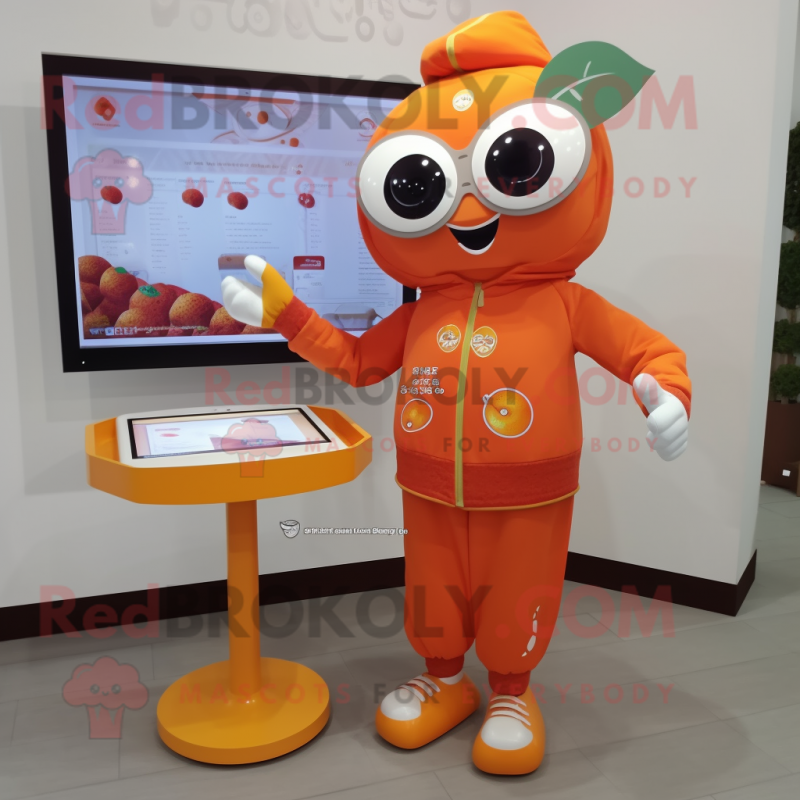 Orange Plum mascot costume character dressed with a Coat and Digital watches