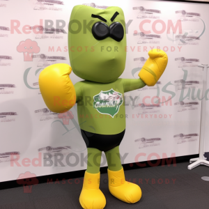 Olive Boxing Glove mascot costume character dressed with a Evening Gown and Reading glasses