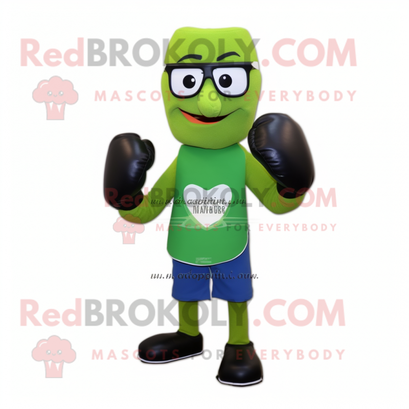 Olive Boxing Glove mascot costume character dressed with a Evening Gown and Reading glasses