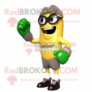 Olive Boxing Glove mascot costume character dressed with a Evening Gown and Reading glasses