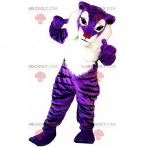 Maskot fialový a bílý tygr, barevný plavá kostým -