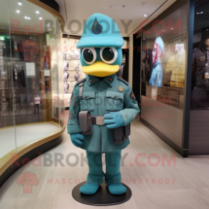 Teal Soldier mascot costume character dressed with a Long Sleeve Tee and Clutch bags