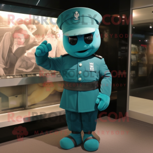 Teal Soldier mascot costume character dressed with a Long Sleeve Tee and Clutch bags