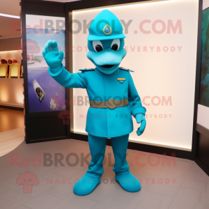 Teal Soldier mascot costume character dressed with a Long Sleeve Tee and Clutch bags