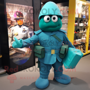 Teal Soldier mascot costume character dressed with a Long Sleeve Tee and Clutch bags