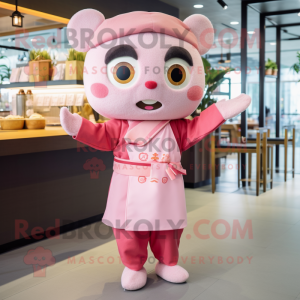 Pink Dim Sum mascot costume character dressed with a Cardigan and Anklets