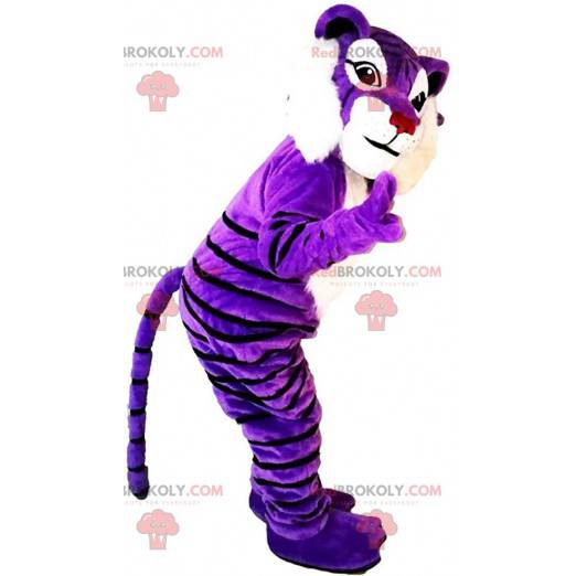 Mascotte de tigre violet et blanc, costume de fauve coloré -