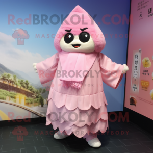 Pink Dim Sum mascot costume character dressed with a Cardigan and Anklets