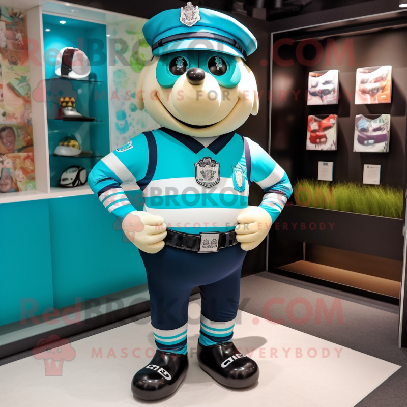 Turquoise Police Officer mascot costume character dressed with a Rugby Shirt and Scarves Turquoise Police Officer mascot costume character dressed with a Rugby Shirt and Scarves
