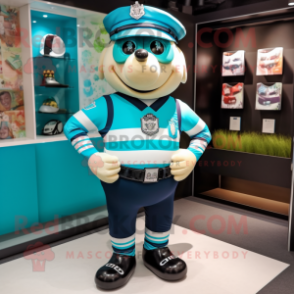 Turquoise Police Officer mascot costume character dressed with a Rugby Shirt and Scarves