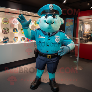 Turquoise Police Officer mascot costume character dressed with a Rugby Shirt and Scarves