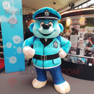 Turquoise Police Officer mascot costume character dressed with a Rugby Shirt and Scarves