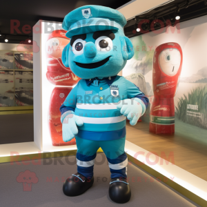 Turquoise Police Officer mascot costume character dressed with a Rugby Shirt and Scarves