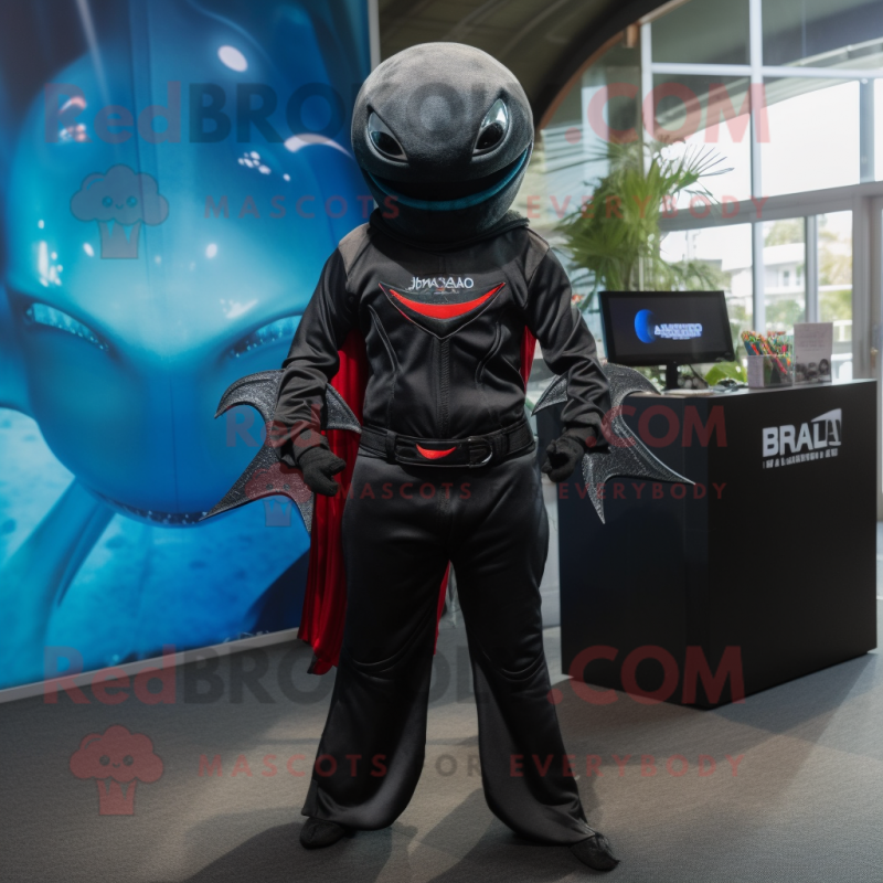 Black Manta Ray mascot costume character dressed with a Chinos and Keychains