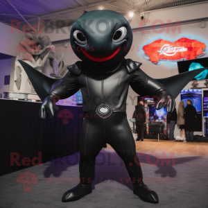 Black Manta Ray mascot costume character dressed with a Chinos and Keychains