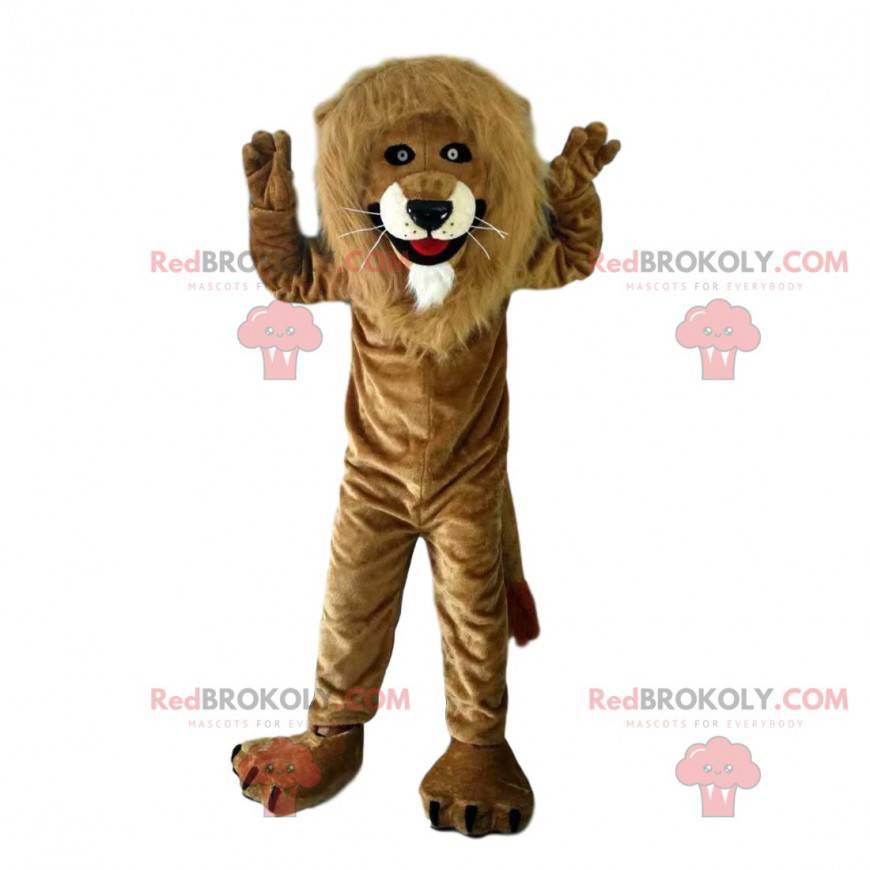 Mascote leão marrom com juba grande e fantasia de felino - Mascote leão marrom com juba grande e fantasia de felino -