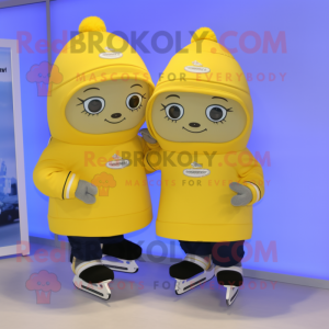 Lemon Yellow Pair Of Ice Skates mascot costume character dressed with a Hoodie and Beanies