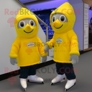 Lemon Yellow Pair Of Ice Skates mascot costume character dressed with a Hoodie and Beanies