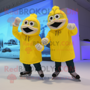Lemon Yellow Pair Of Ice Skates mascot costume character dressed with a Hoodie and Beanies