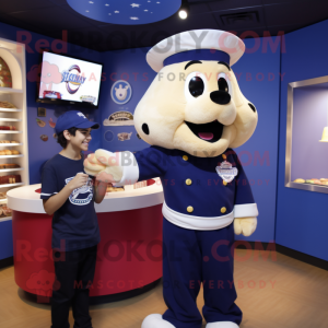 Navy Lasagna mascot costume character dressed with a Henley Shirt and Watches