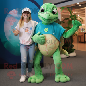 Green Sea Turtle mascot costume character dressed with a Mom Jeans and Rings
