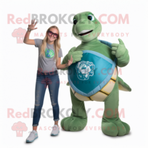 Green Sea Turtle mascot costume character dressed with a Mom Jeans and Rings