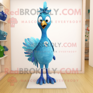 Blue Peacock mascot costume character dressed with a Bootcut Jeans and Hair clips