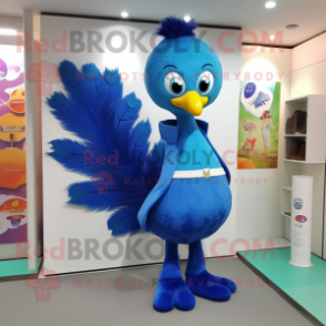 Blue Peacock mascot costume character dressed with a Bootcut Jeans and Hair clips