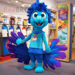 Blue Peacock mascot costume character dressed with a Bootcut Jeans and Hair clips