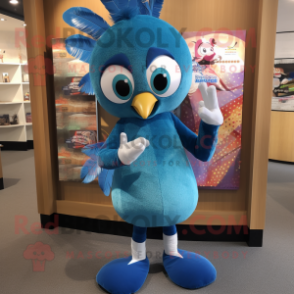 Blue Peacock mascot costume character dressed with a Bootcut Jeans and Hair clips