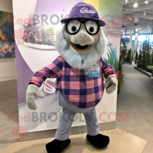 Lavender Ceviche mascot costume character dressed with a Flannel Shirt and Mittens