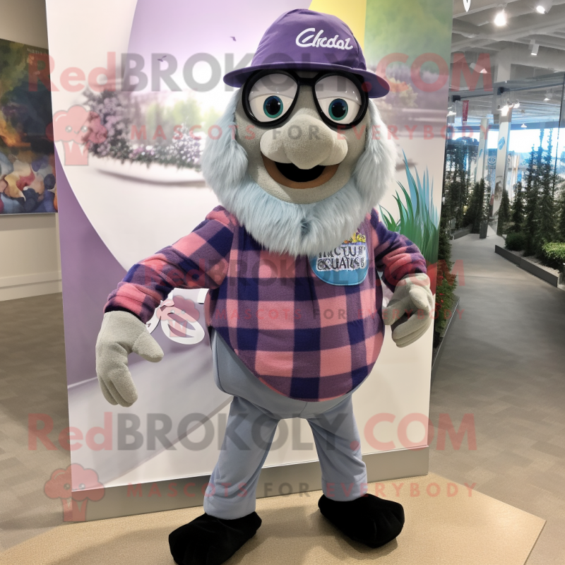 Lavender Ceviche mascot costume character dressed with a Flannel Shirt and Mittens Lavender Ceviche mascot costume character dressed with a Flannel Shirt and Mittens