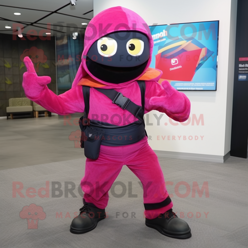 Magenta Ninja mascot costume character dressed with a Denim Shorts and Backpacks