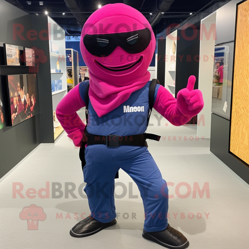 Magenta Ninja mascot costume character dressed with a Denim Shorts and Backpacks