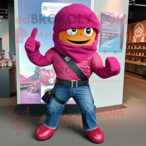 Magenta Ninja mascot costume character dressed with a Denim Shorts and Backpacks