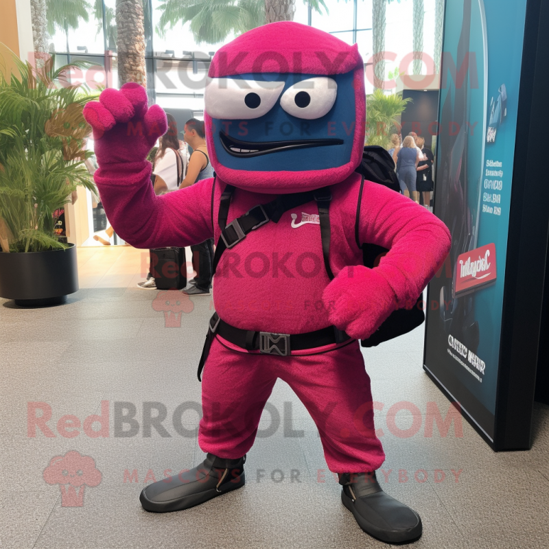 Magenta Ninja mascot costume character dressed with a Denim Shorts and Backpacks