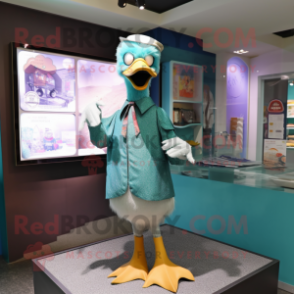 Turquoise Goose mascot costume character dressed with a Cardigan and Brooches