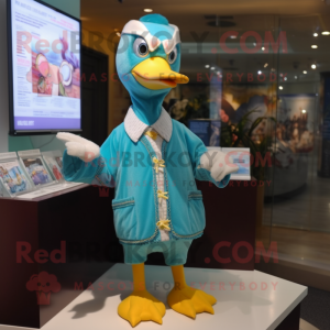 Turquoise Goose mascot costume character dressed with a Cardigan and Brooches