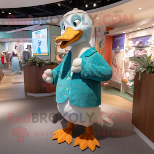 Turquoise Goose mascot costume character dressed with a Cardigan and Brooches