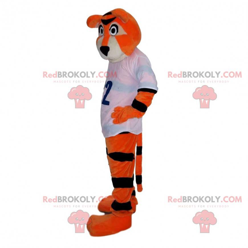 Mascote tigre laranja e preto com uma camisa esportiva -