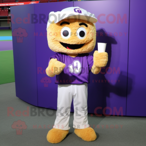 Purple Pop Corn mascot costume character dressed with a Baseball Tee and Digital watches