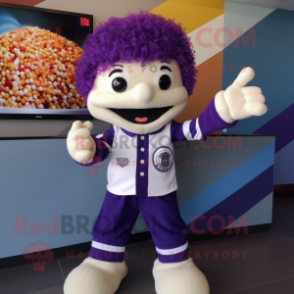 Purple Pop Corn mascot costume character dressed with a Baseball Tee and Digital watches